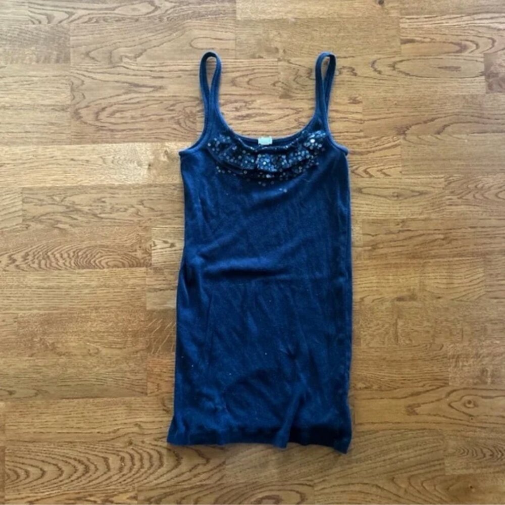 J. Crew Women's Tank Top Navy Blue Cotton Sequin Ruffle Chiffon XS Scoop Cami